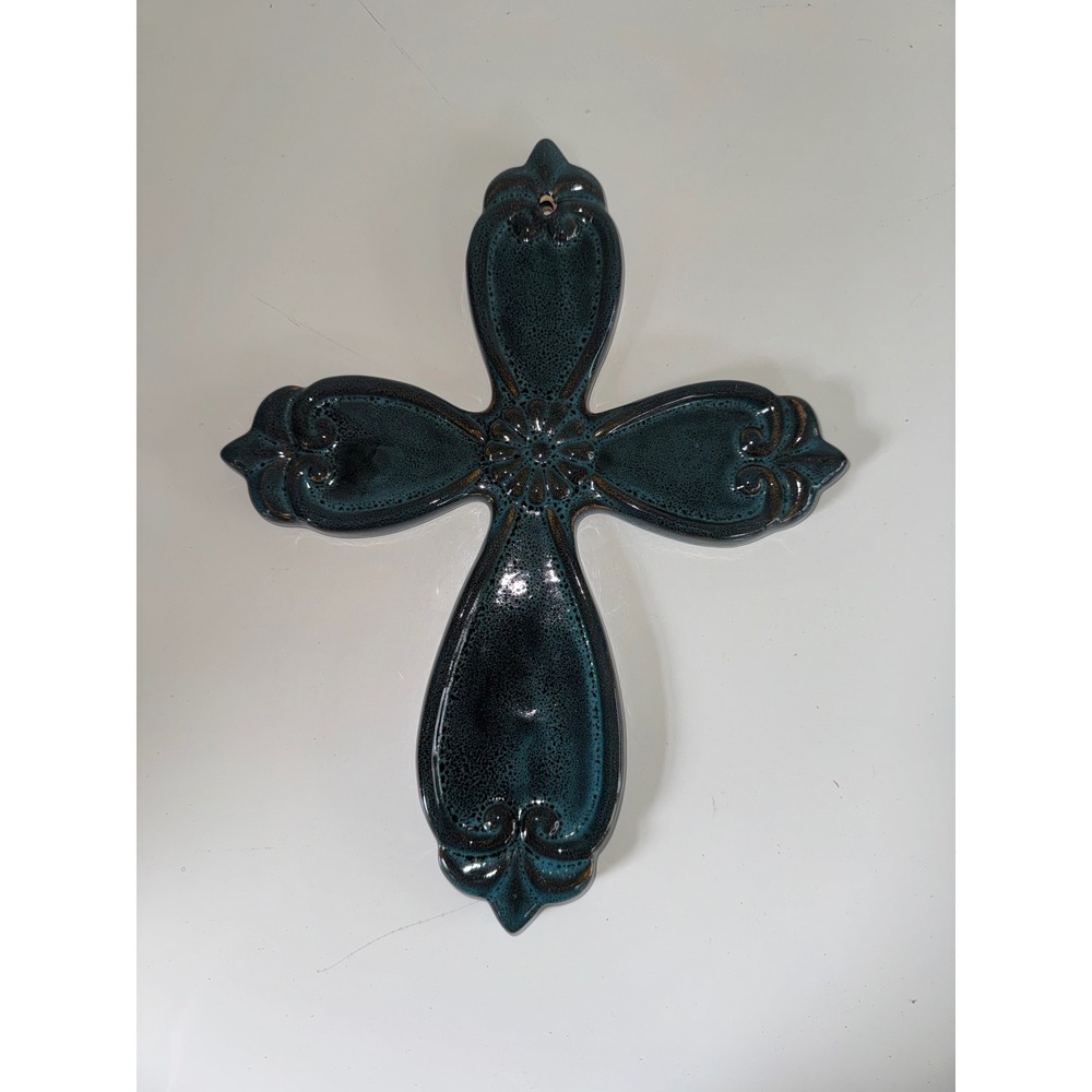 Teal Ceramic Wall Cross Reactive Glaze Fleur De Lis Spiritual Decor 10.5 Inch